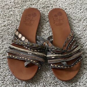 Jellypop Women's Strappy Tan and Gold Sandals